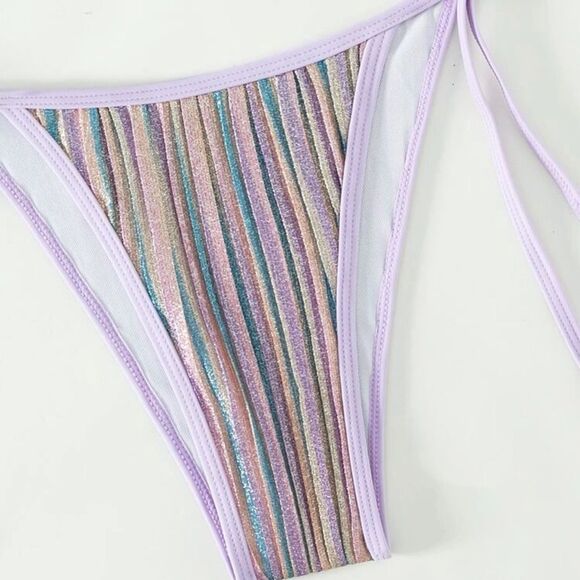 Pastel Mermaidcore Barbiecore Striped Metallic Halter Triangle Bikini - Picture 7 of 9